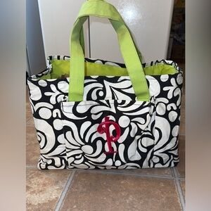 buckhead Bettie’s monogram initial lime green/pink/black “P” utility tote bag
